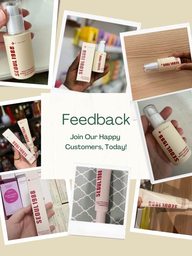 Collage of product images with 'Seoul Love' branding, featuring text inviting feedback.