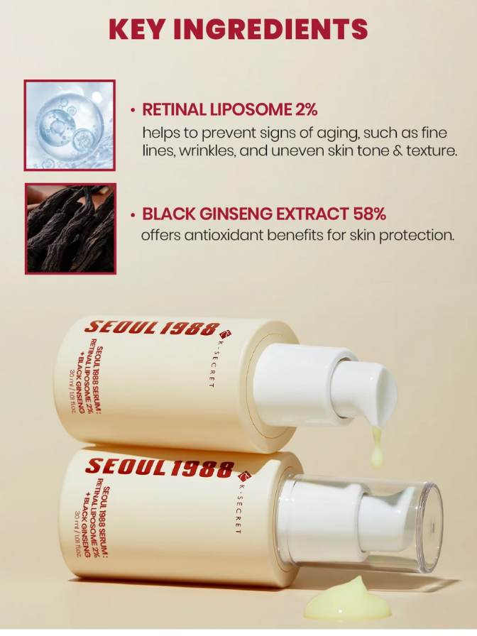 Cosmetic bottles with 'Seoul 1988' branding and key ingredients listed on a beige background.