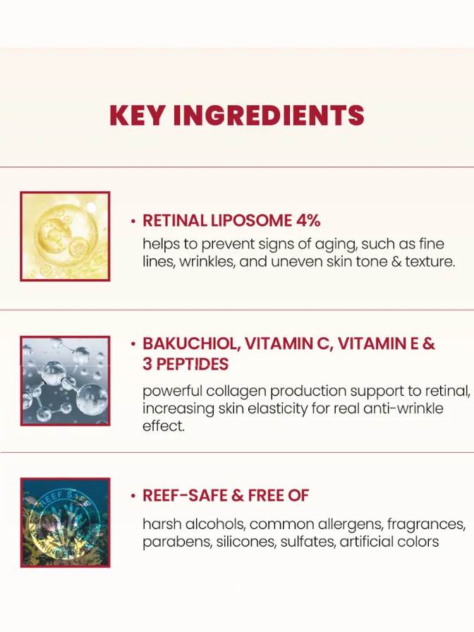 List of key ingredients for a skincare product on a white background