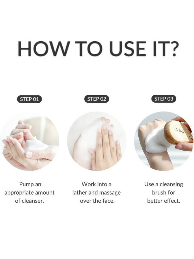 Instructions on how to use a cleansing product with three steps shown.