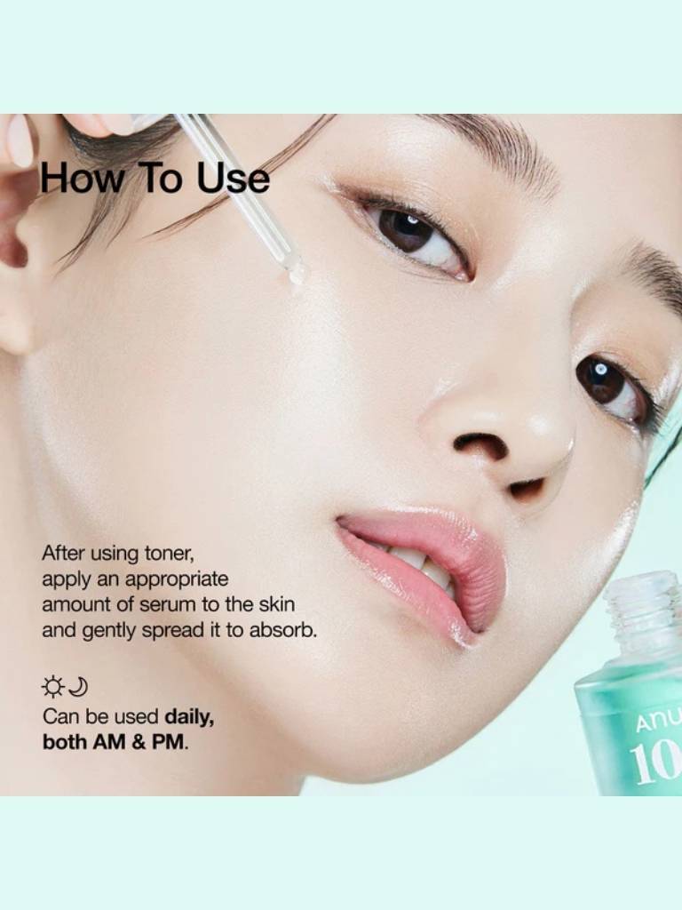 Cosmetic serum application on a person's face with product packaging in the corner.