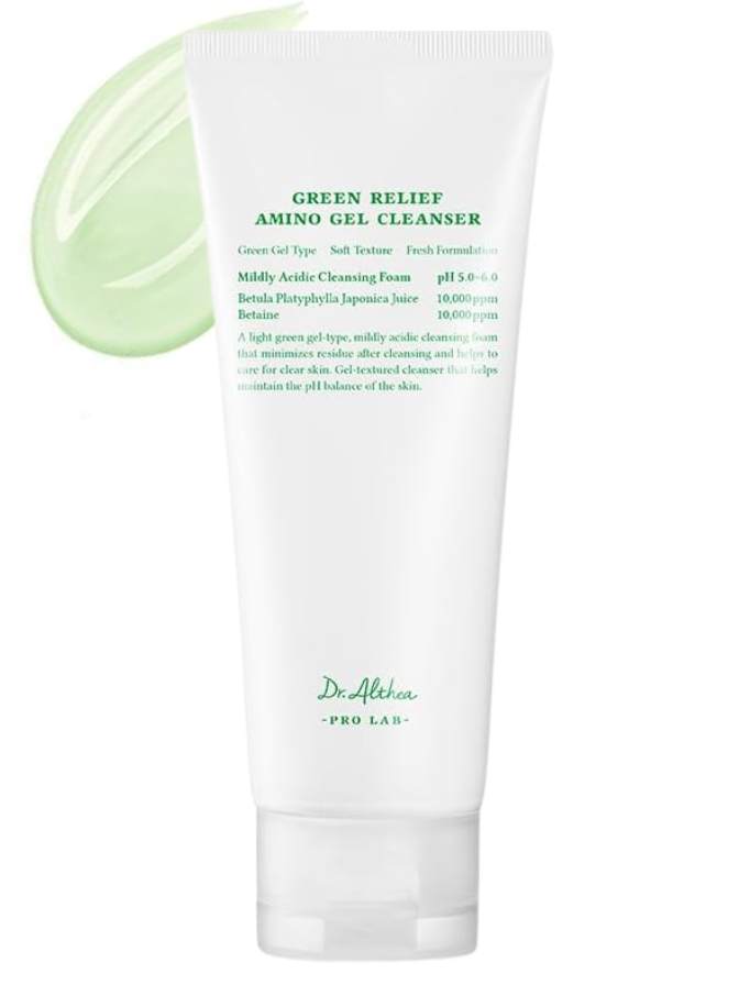 Tube of Green Relief Amino Gel Cleanser with green gel on top on a white background