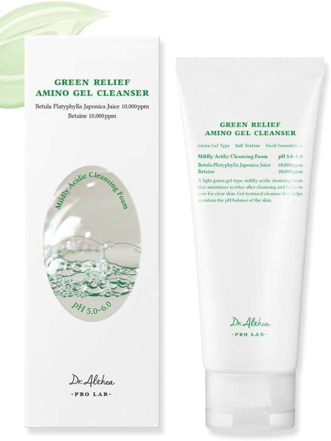 Dr. Alfieea Green Relief Amino Gel Cleanser with packaging on a white background