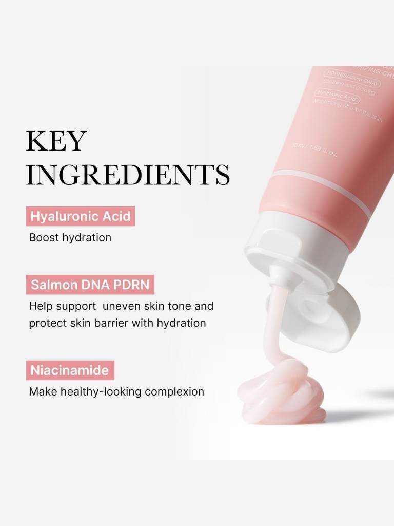 Skincare product with key ingredients listed on a white background