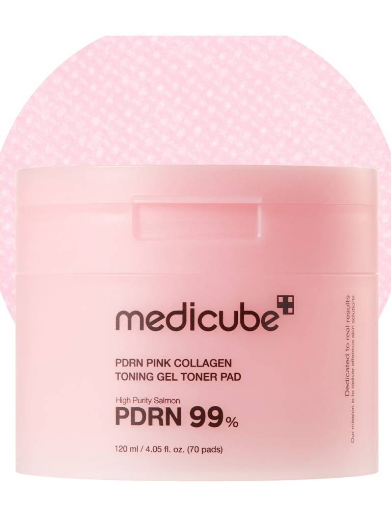 Pink collagen toning gel toner pad with Medicube branding on a white background