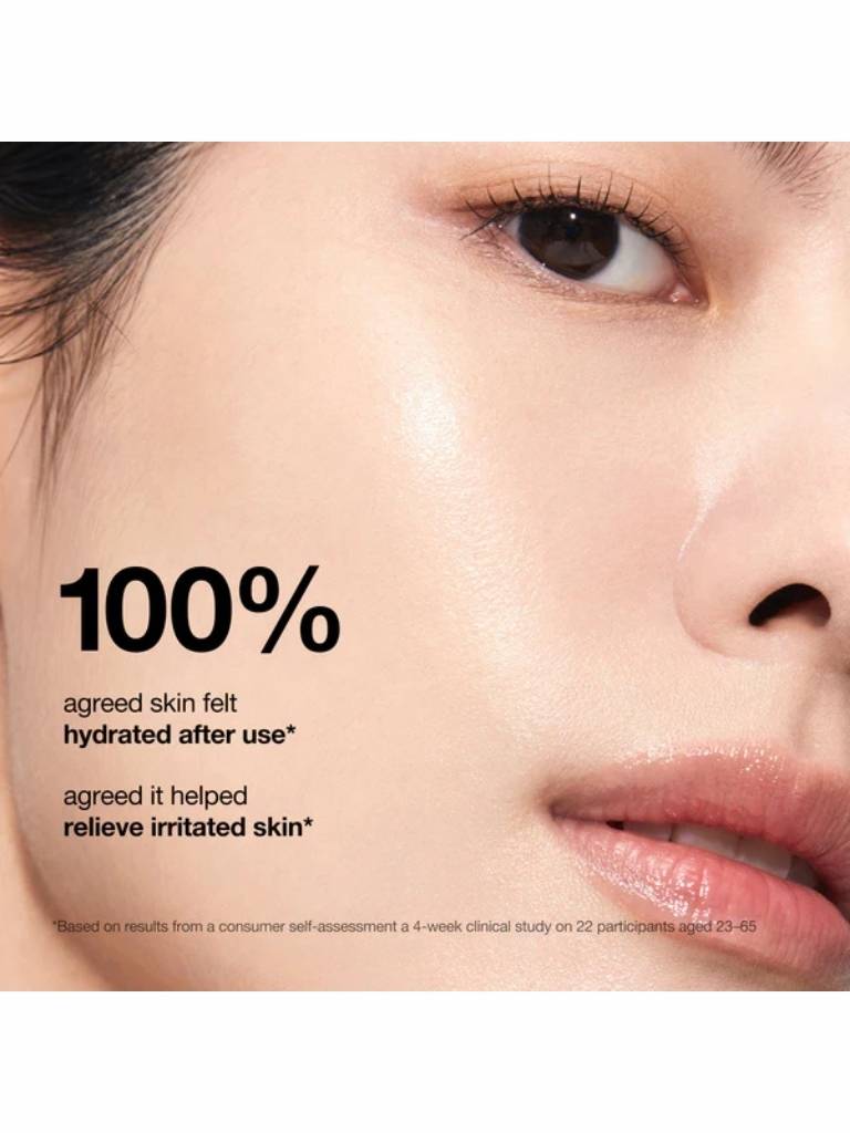 Close-up of a person's face with text about skincare product effectiveness