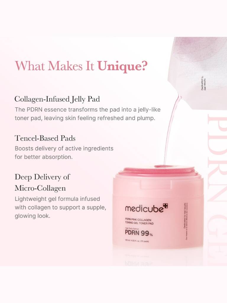 Collagen-infused jelly pad with product name and unique features on a white background