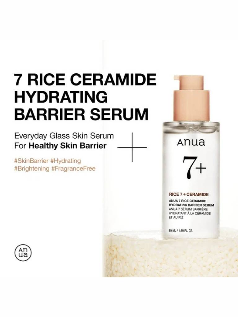 Anua 7+ Rice Ceramide Hydrating Barrier Serum bottle with packaging on a white background