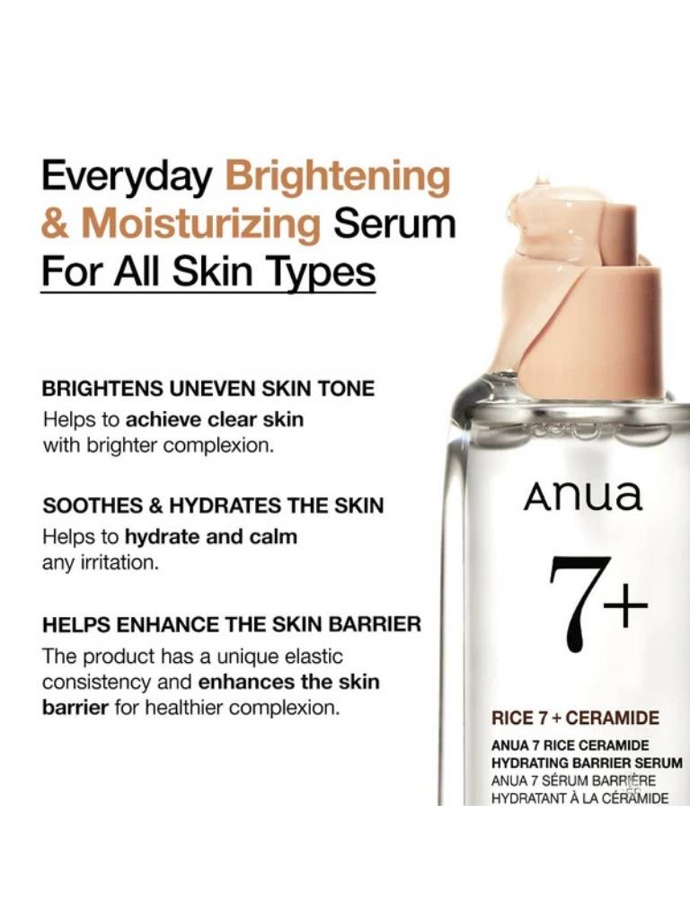 Anua 7+ Rice Ceramide Hydrating Barrier Serum bottle with product description on a white background