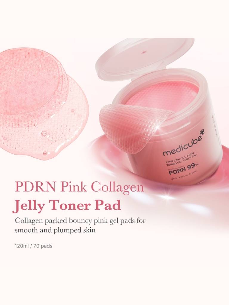 Pink collagen jelly toner pad with packaging on a white background