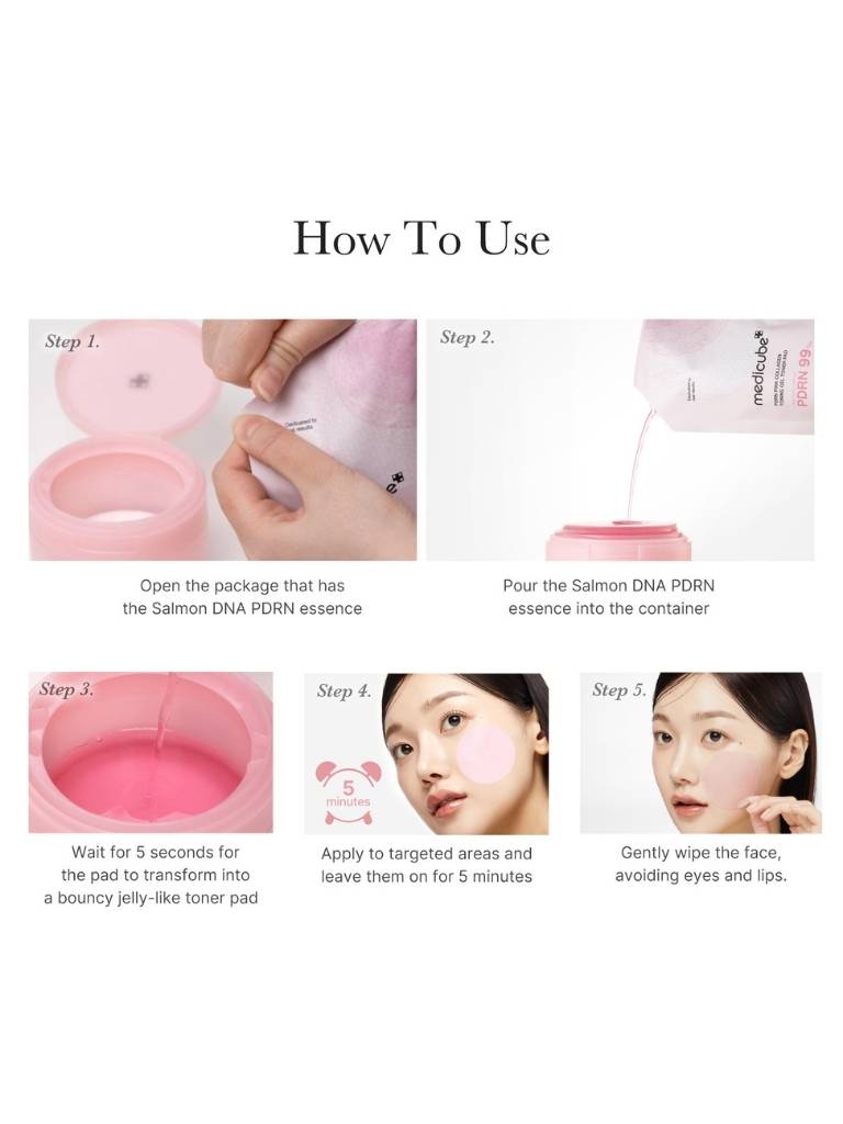 Step-by-step guide on how to use a skincare product with images and text.