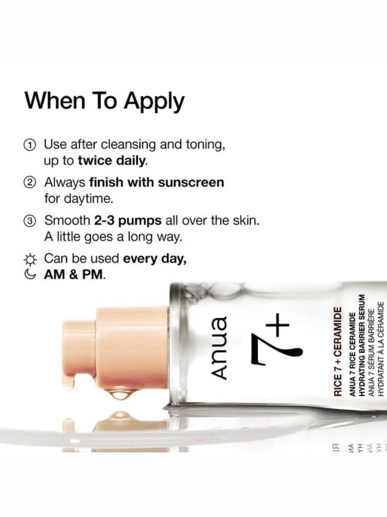 Anua skincare serum bottle with usage instructions on a white background