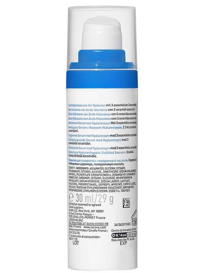 Skincare serum bottle with blue cap and white label on a white background
