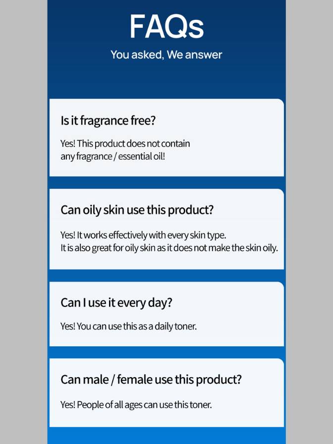 FAQs section answering product-related questions on a blue and gray background