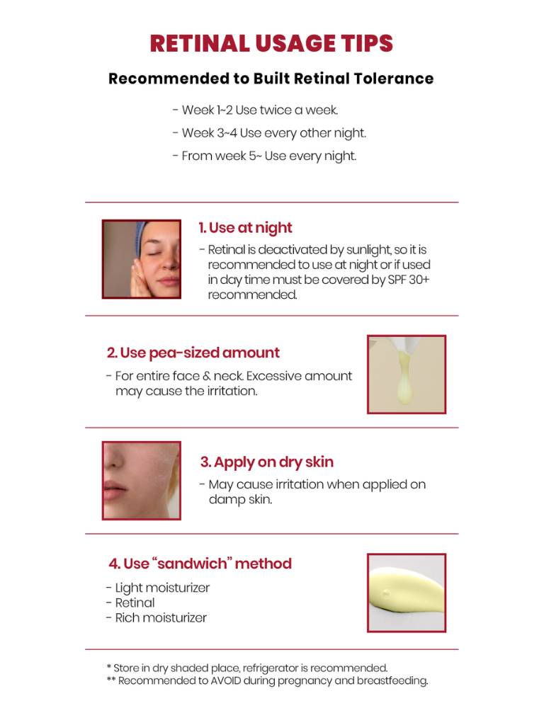 Retinal usage tips for skincare product on a white background