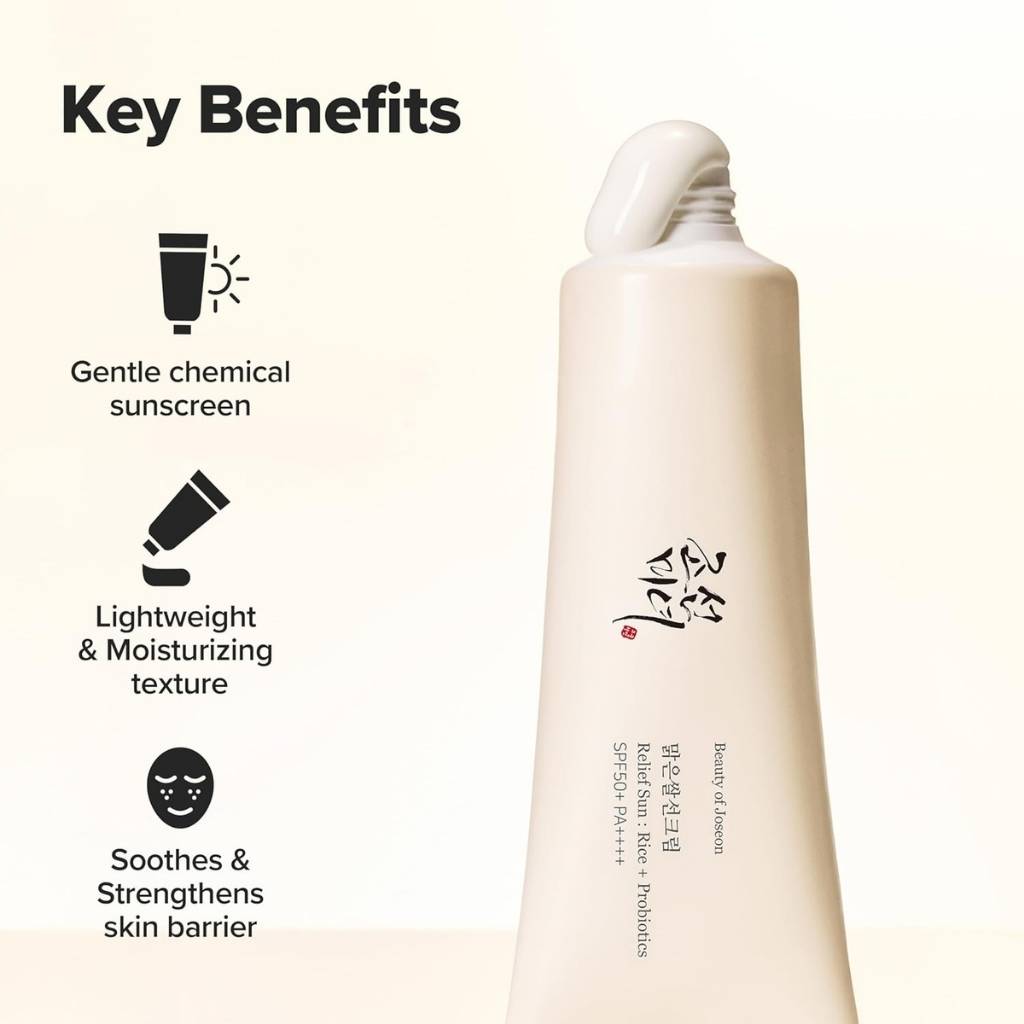 “Flat lay of Beauty of Joseon Relief Sun SPF50+ Rice + Probiotics Sunscreen with rice grains and probiotic ingredients”
