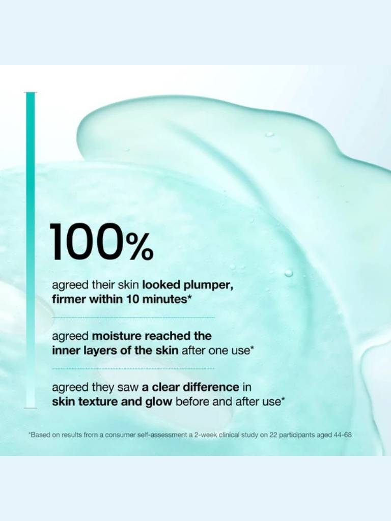 Promotional graphic with text about skin improvement and a blue liquid texture.