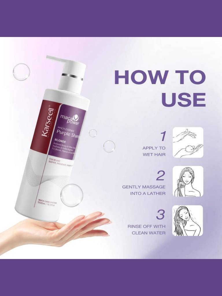 Kaneel Purple Shampoo bottles with usage instructions on a purple background