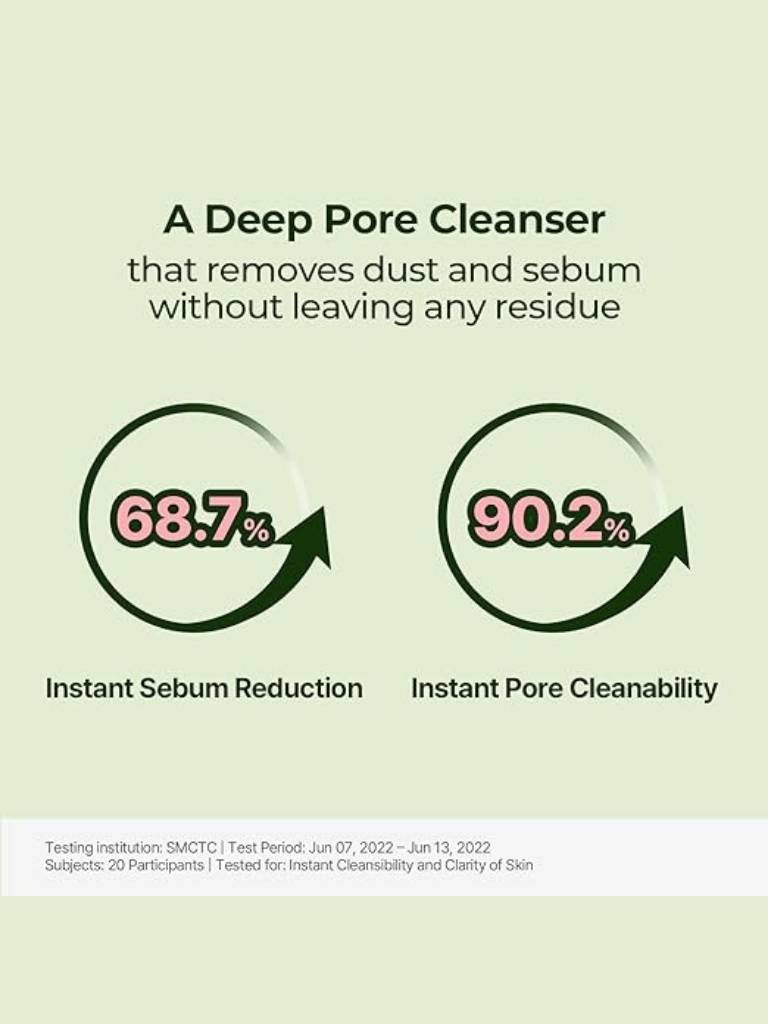 Advertisement for a deep pore cleanser with text and graphics on a light green background