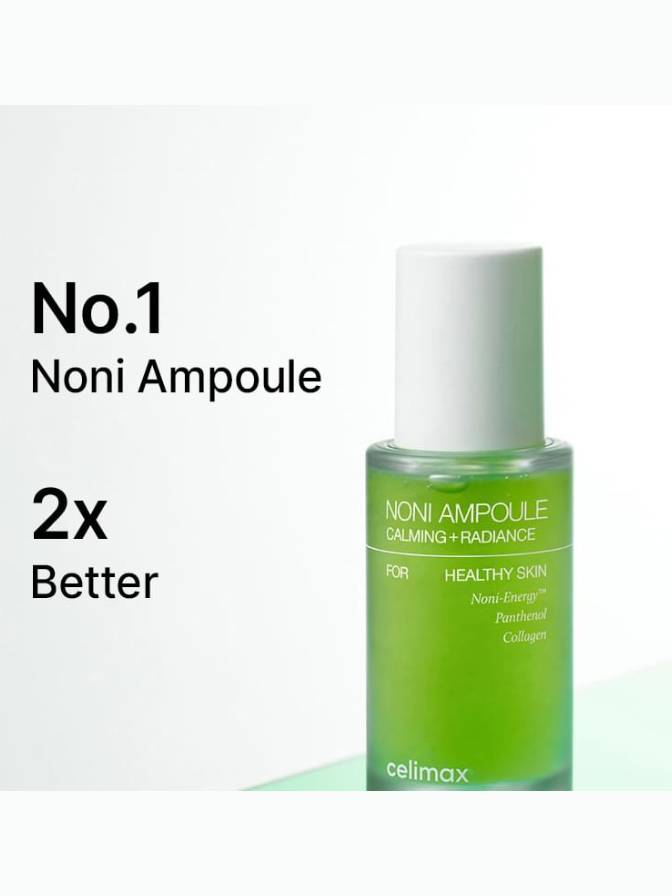 Green ampoule bottle with white cap on a light gray background, featuring text about 'Noni Ampoule' and brand name 'celimax'.