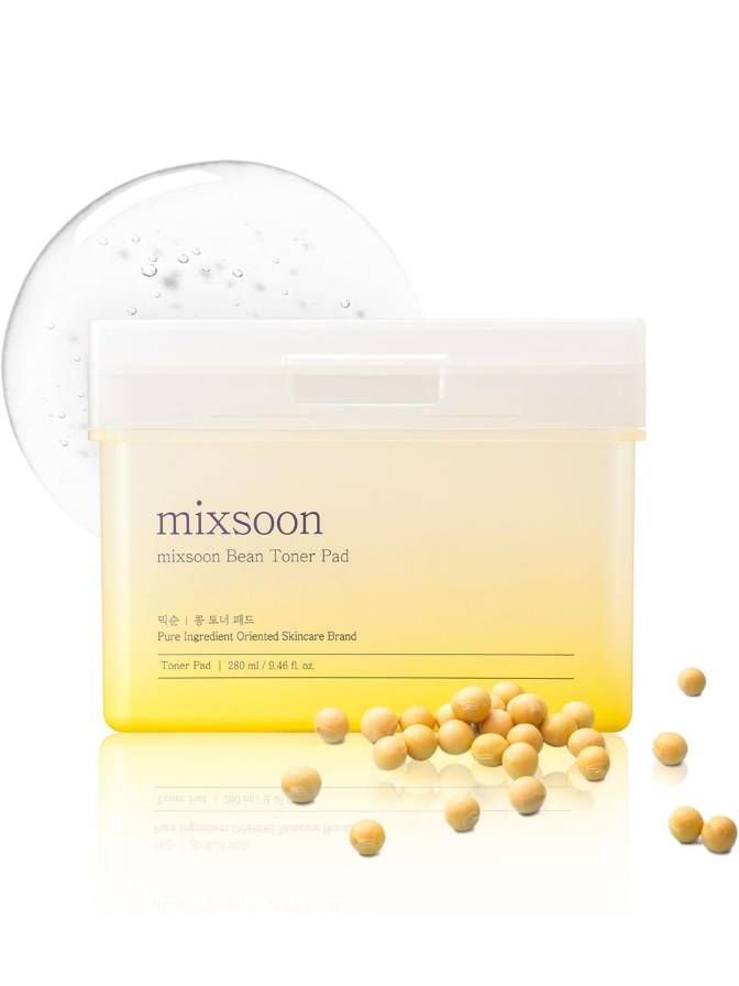 Mixsoon soybean toner pad with soybeans on a white background