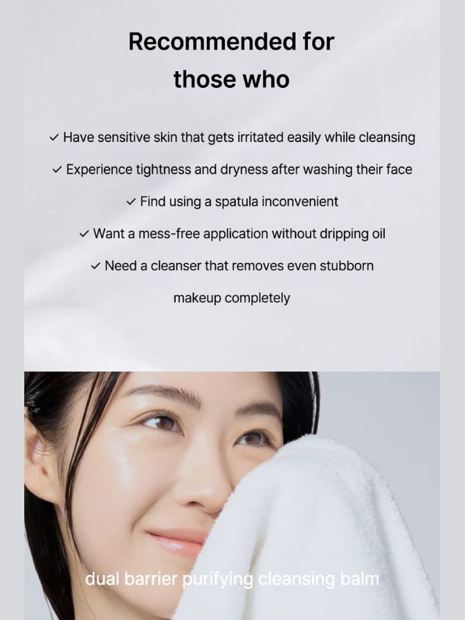 Product description for a cleansing balm with a woman using it, on a light gray background.