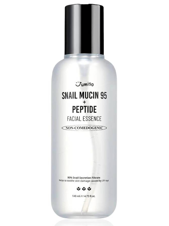 Skincare bottle labeled 'Snail Mucin 95 + Peptide Facial Essence' on a white background