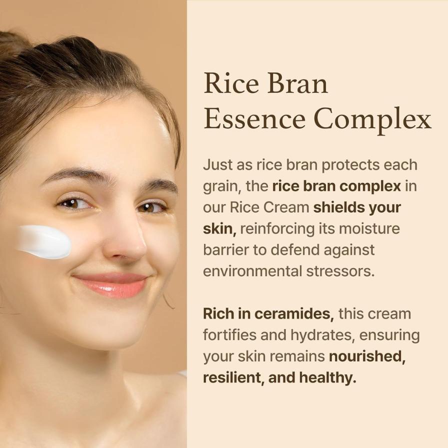 Woman with rice cream on her face and text about rice bran essence complex.