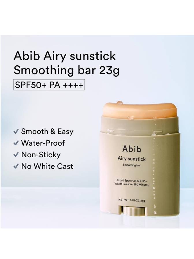 Abib Airy sunstick Smoothing bar 23g on a light blue background
