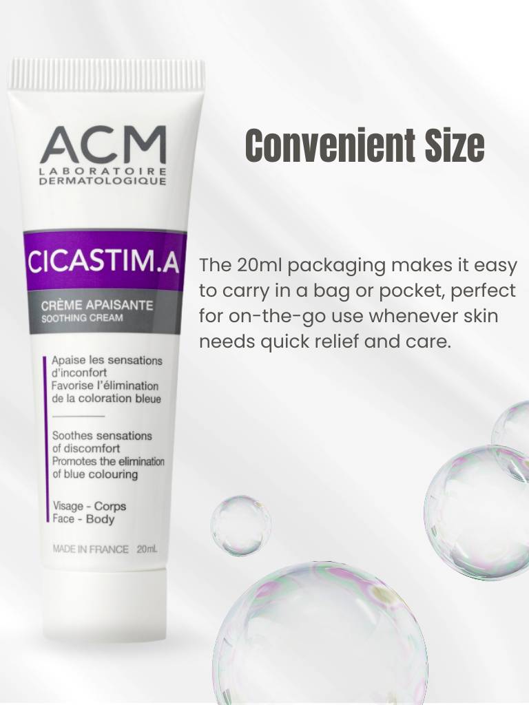 Cicastim.A cream packaging with text about convenient size on a white background