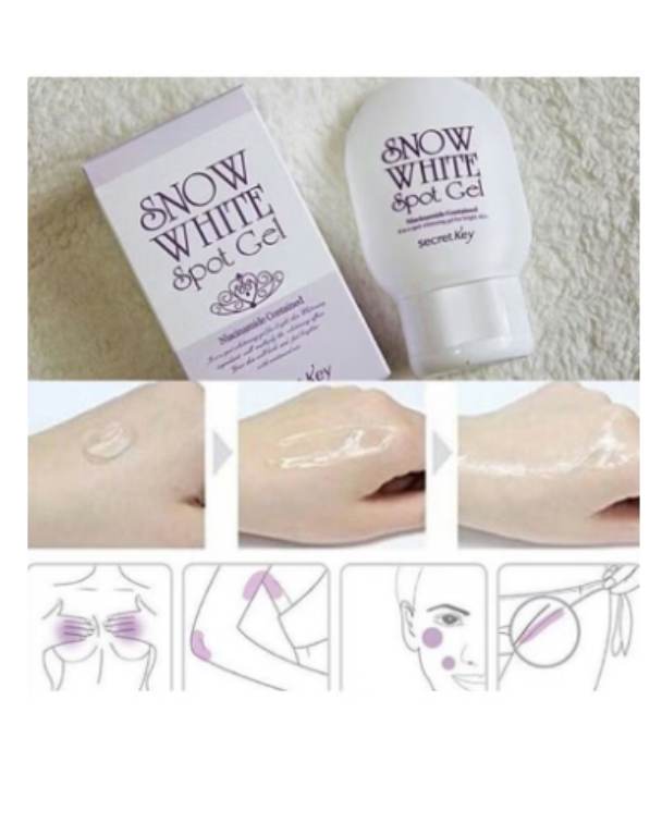 Snow White Spot Gel packaging and application on skin with illustrations.
