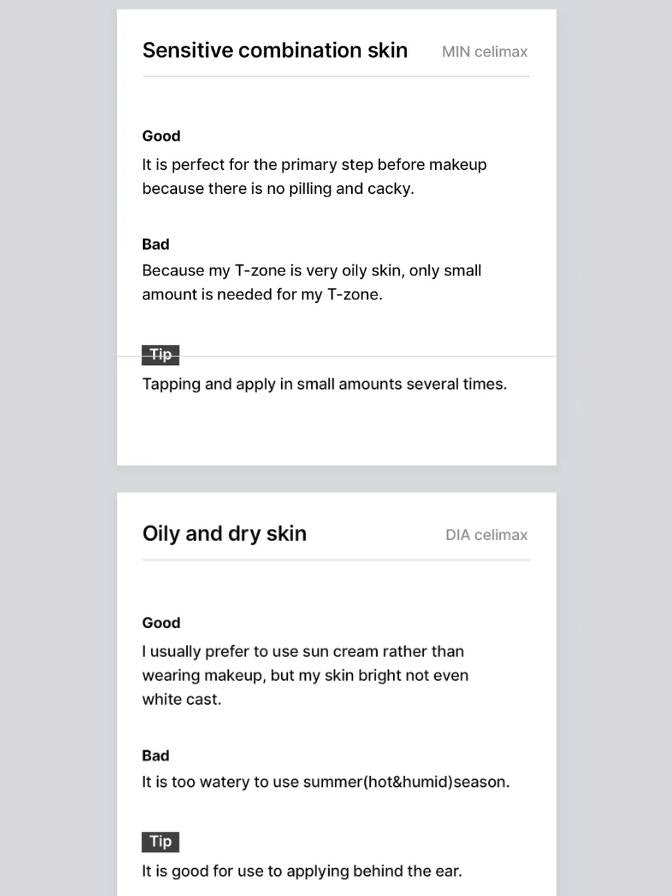 Product information card for skin types with text on a gray background