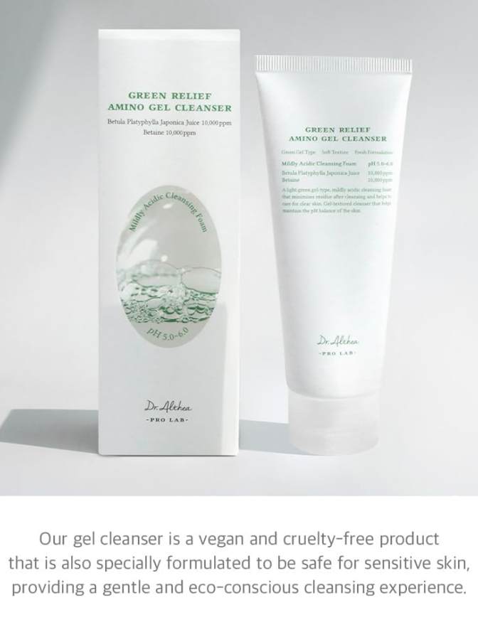 Green Relief Amino Gel Cleanser packaging on a white background