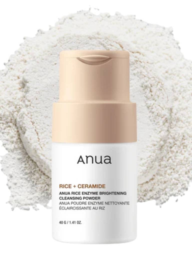 Anua rice and ceramide cleansing powder with a beige cap on a white background