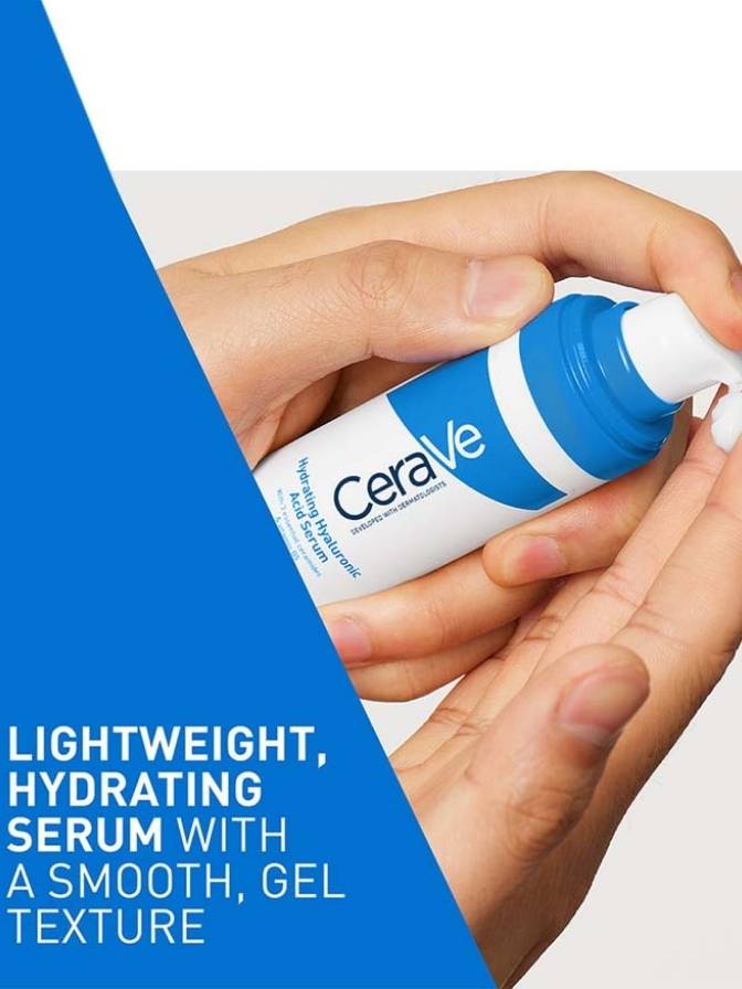 Cerave serum being applied to a hand with promotional text about its properties.