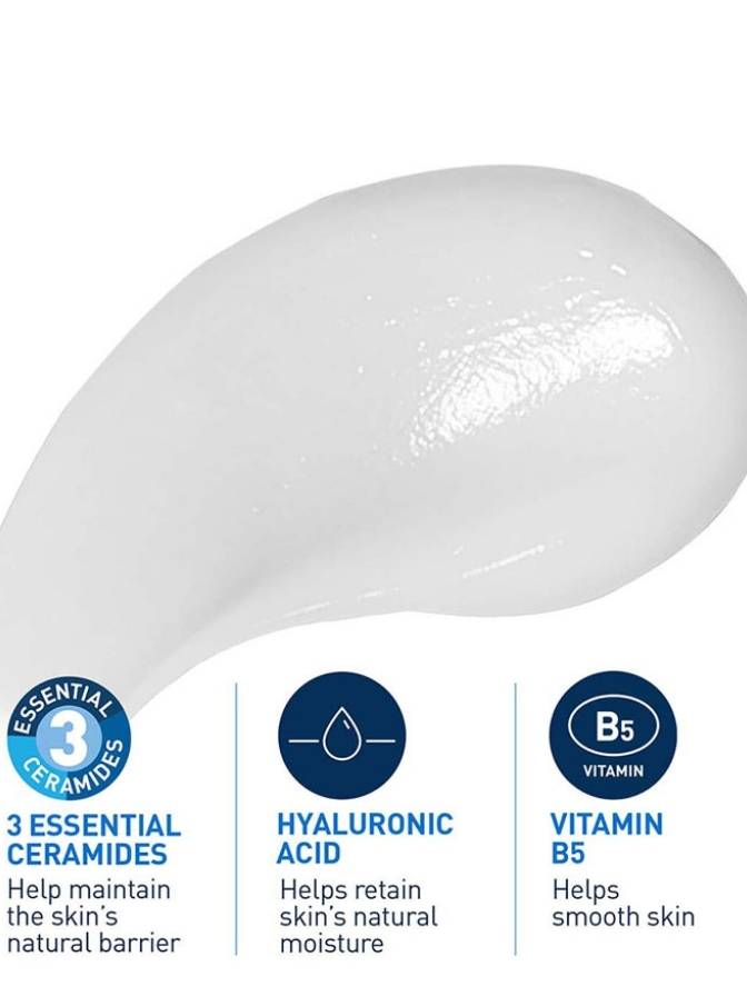 White cream with text and icons explaining its ingredients and benefits on a white background