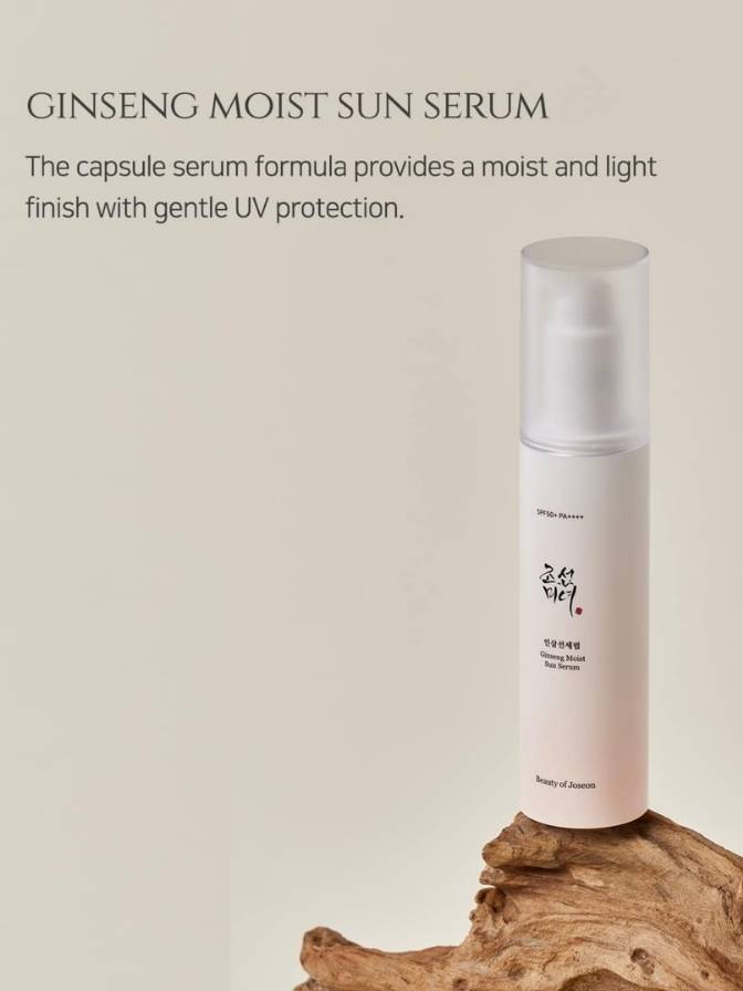 Ginseng moist sun serum bottle on a natural wood background with text about its benefits.