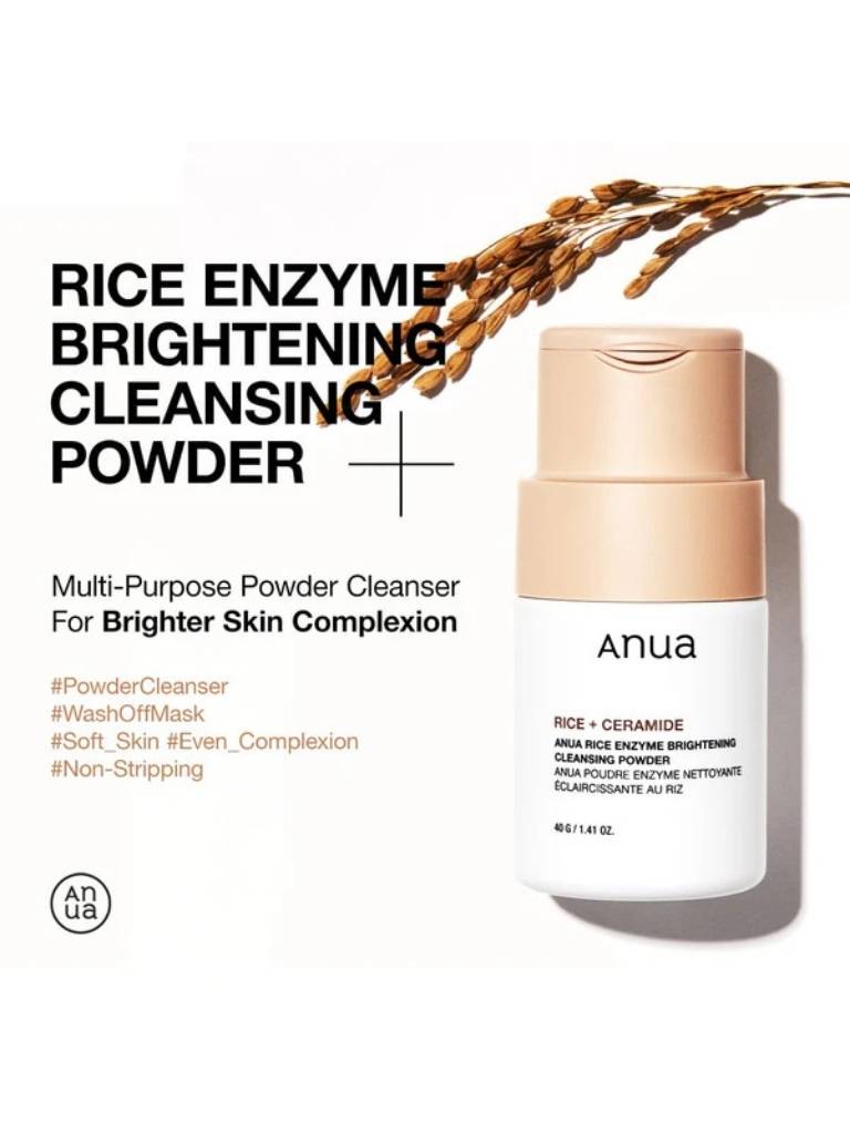 Anua rice enzyme brightening cleansing powder with rice plant on a white background