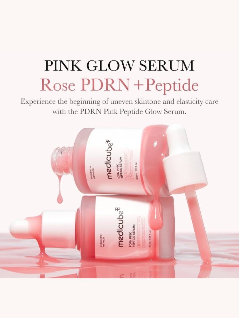 Pink glow serum bottles with text on a white background