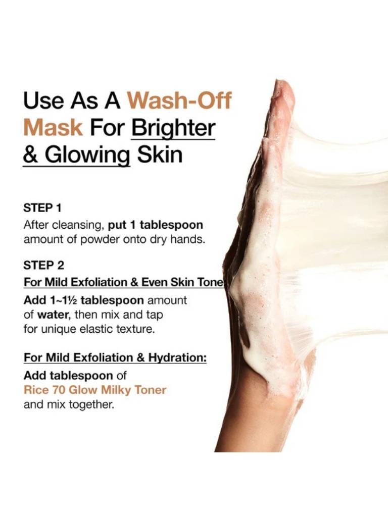 Instructions for using a wash-off mask on a white background with text and a hand applying the product.