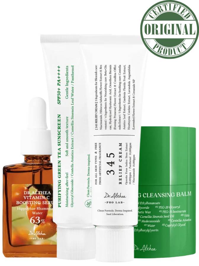 Cosmetic products including a serum, cream, and balm with 'Certified Original Product' label on a white background.