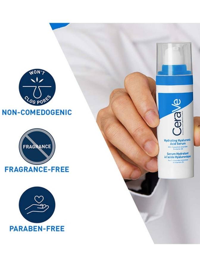 Cerave skincare product held by a person with brand icons indicating non-comedogenic, fragrance-free, and paraben-free properties.