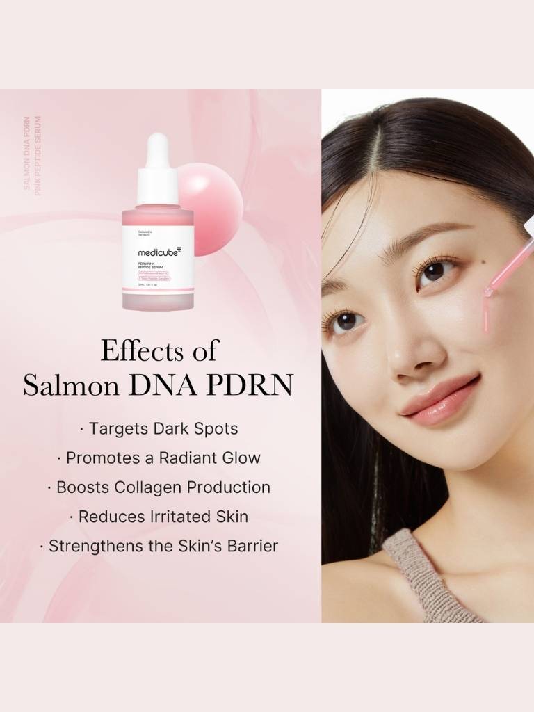 Medicube serum bottle with a woman using it on her face, set against a pink background.