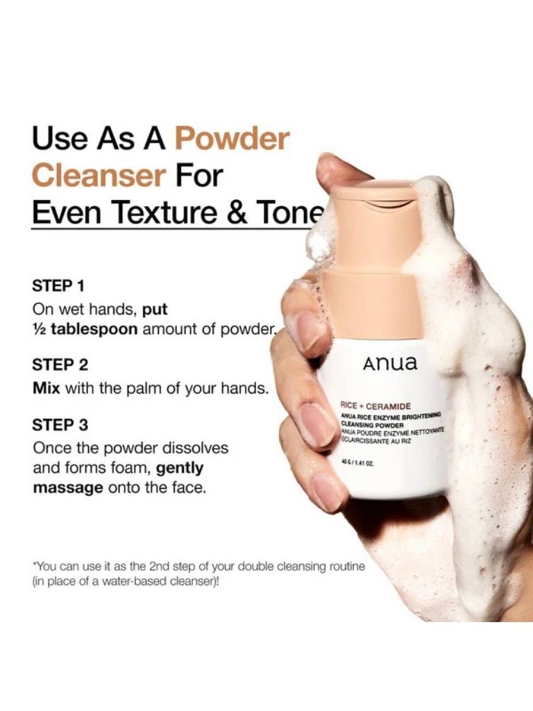 Anua powder cleanser with usage instructions on a white background
