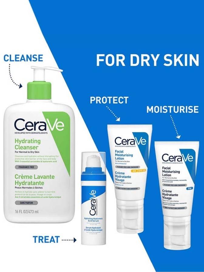 CeraVe skincare products for dry skin on a blue and white background