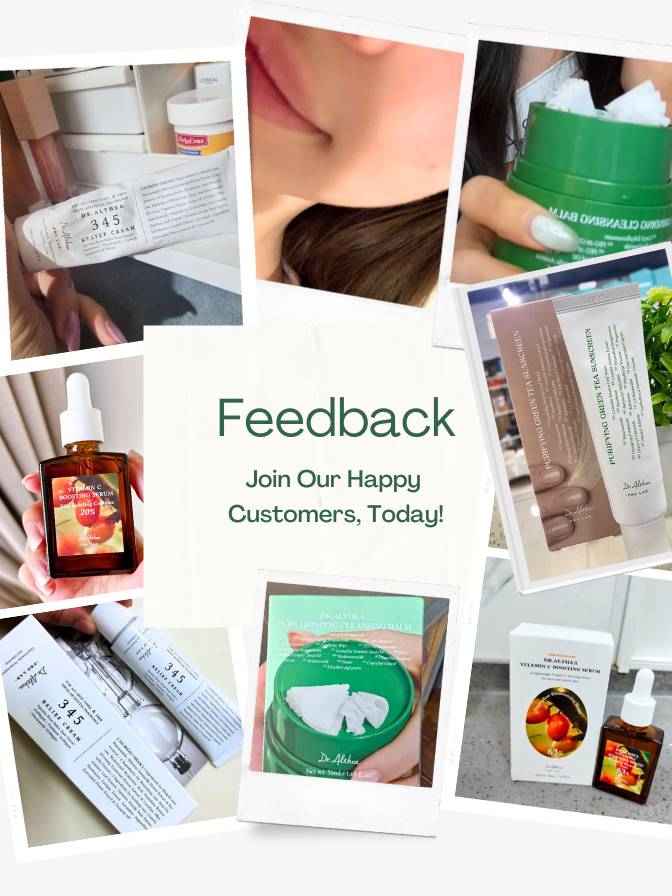 Collage of skincare products with text inviting feedback from happy customers.