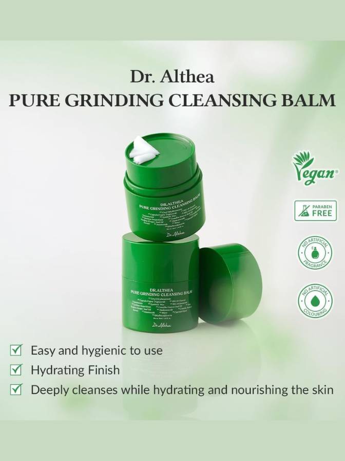 Dr. Althea Pure Grinding Cleansing Balm with green packaging on a light green background
