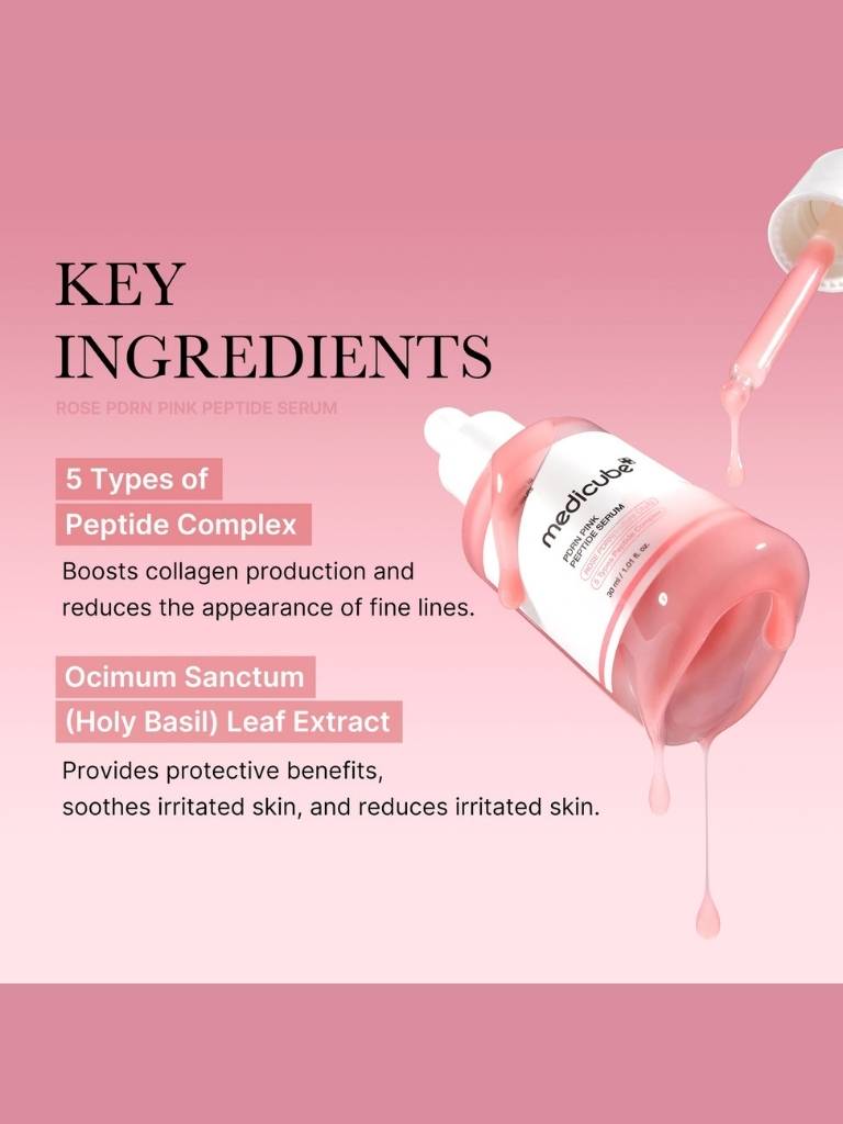 Skincare serum bottle with key ingredients listed on a pink background