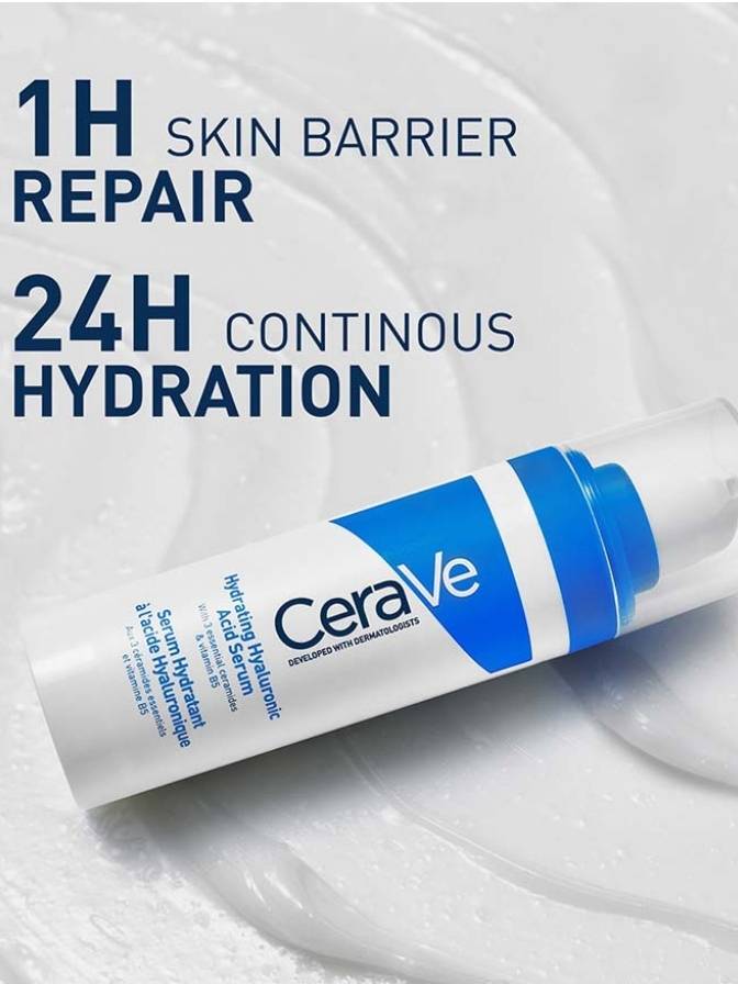 CeraVe skincare product with text '1H Skin Barrier Repair, 24H Continuous Hydration' on a white background