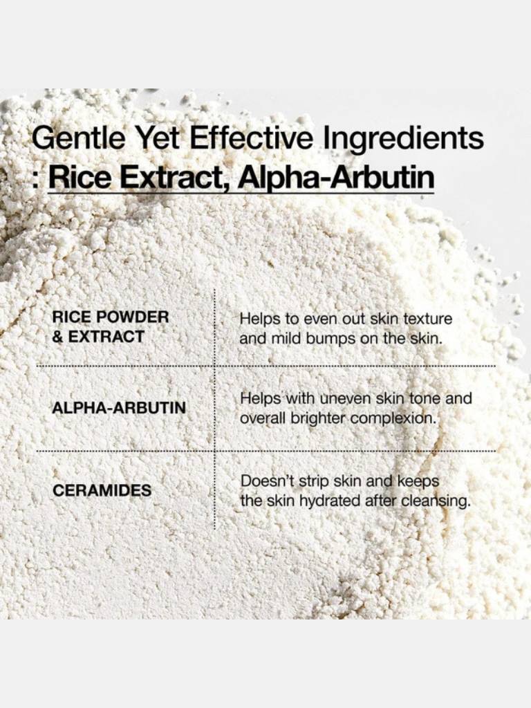 Product ingredients list with rice extract, alpha-arbutin, and ceramides on a white background.